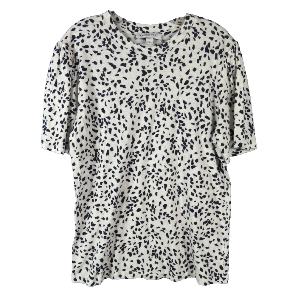 AMOUR VERT Boxy Boyfriend T-Shirt WHITE SPOTTED PRINT Organic Cotton Modal SZ L